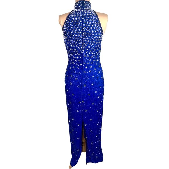 VTG 90s Ibiza Silk Hand Beaded Halter Neck Column Gown S Maxi Dress Royal Blue - Picture 5 of 12